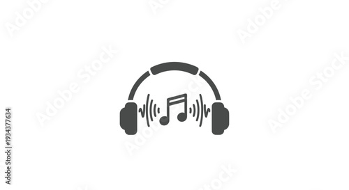 Headphones with musical notes and sound waves icon, simple flat design