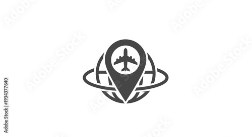 Global Travel Pin Icon with Airplane and Orbiting Rings