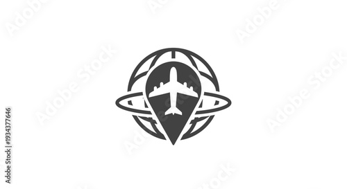Airplane location icon with globe and flight path