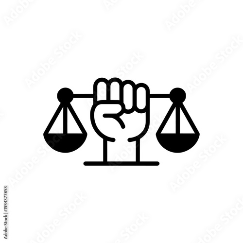 Hand holding scales of justice with fist raised high symbolizing fairness and equality