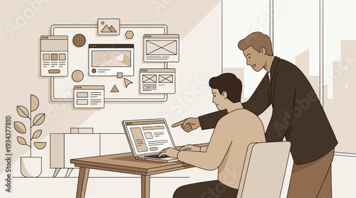 creative web design and development team working in office, designers discussing website project on laptop, business people collaboration on transparent background