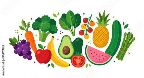 healthy organic fruits and vegetables variety set, nutrition and vegetarian diet food produce collection, fresh garden harvest elements on transparent background