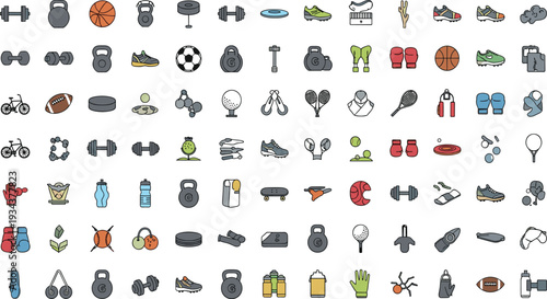 Comprehensive Sports Equipment Icon Set with Dumbbells Kettlebells Balls Boxing Gloves Rackets Shoes and Fitness Accessories Flat Vector Collection