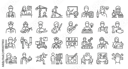 professional occupation and business career icons set, diverse worker characters and job roles collection, thin line style people avatars on transparent background