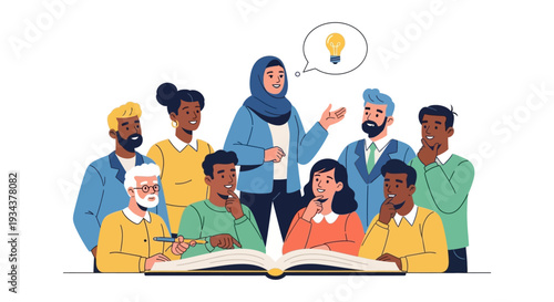 Diverse Team Collaborates on Ideas and Knowledge with a Lightbulb Moment