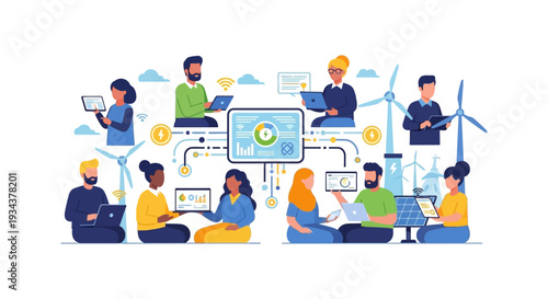 Diverse Team Collaborating on Sustainable Energy Management & Smart Grid Technology with Data Analysis