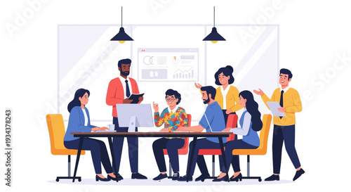 Diverse Business Team Collaborating in Modern Office Meeting. Professionals Discussing Project Strategy and Data Analysis.