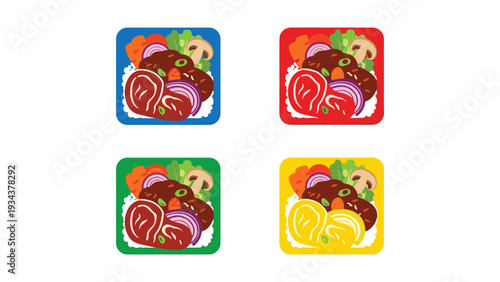 Colorful and vibrant illustrated plates of assorted savory dishes