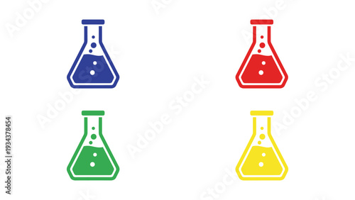 Colorful laboratory flasks arranged in a two-by-two grid formation