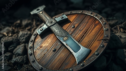 A medieval battle axe embedded in a wooden shield on rocky ground. event programs, museum guides, designed for cultural heritage projects and event programs, preserves heritage.