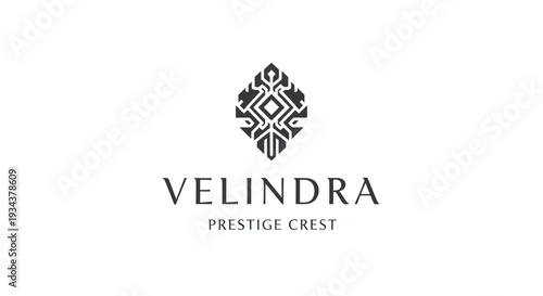 Elegant abstract crest logo with company name VELINDRA PRESTIGE CREST on white background