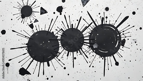 Abstract pattern of overlapping impact marks and scattered fragments. product launch decks, UI/UX mockups, designed for product launches and innovation pitches, used by bi analysts.