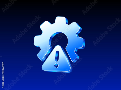 3d Blue gradient gear with warning triangle icon symbolizing system error, technical issue, maintenance alert, risk management, and problem notification on a dark blue background. Vector illustration