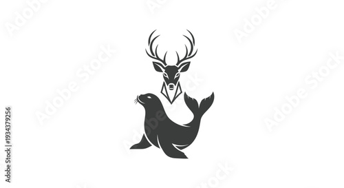 Deer Head Silhouette and Seal Logo Emblem - Vector Art