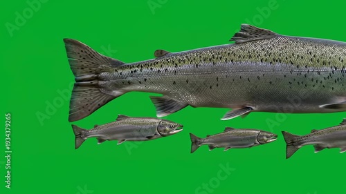 Different sizes of salmon fish isolated on green background