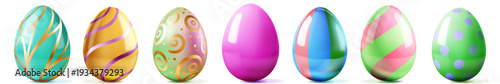 Set of seven colorful Easter eggs with various patterns and soft shadows on white background.
