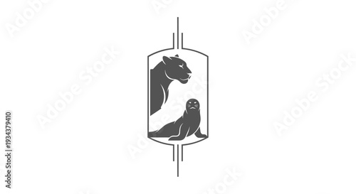 Stylized Silhouette of Lion and Seal in Geometric Frame