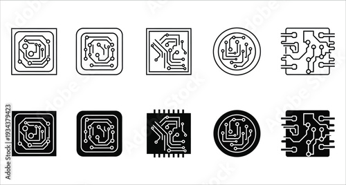 Circuit Board Icons Set Monochrome Vector Illustration