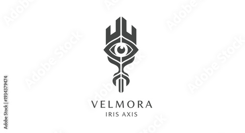 Mysterious Eye Symbol Logo with Text "VELMORA IRIS AXIS" on White Background
