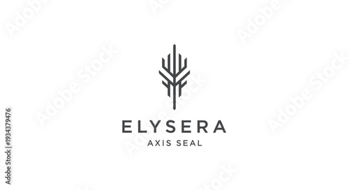 Minimalist abstract feather logo design with text ELYSERA AXIS SEAL on white background