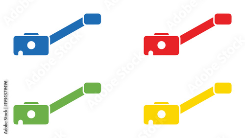 Four colorful mechanical levers connected by rods in different orientations