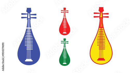 Traditional stringed instruments from different cultural backgrounds displayed in vibrant colors