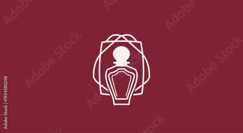 Elegant perfume bottle icon with abstract geometric frame on deep red background
