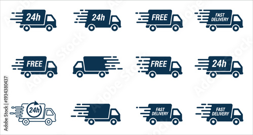 Delivery Truck Icons Set with 24h Free Fast Delivery Vector Illustration