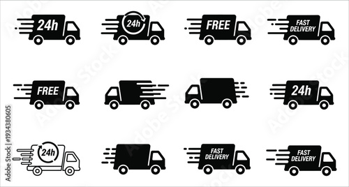 Delivery Truck Icons Set with 24h Free Fast Delivery Vector Illustration