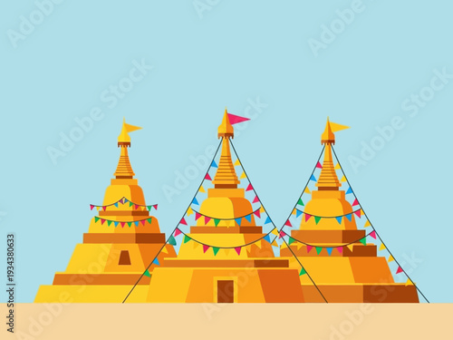 Three golden Buddhist stupas decorated with flags and colorful garlands.