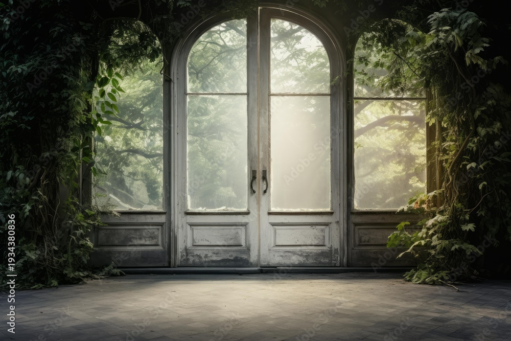 Obraz premium Old arched double doors covered in green vines with sunlight filtering through