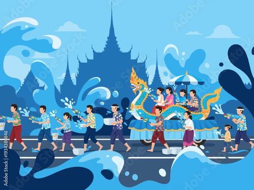 People celebrating Songkran festival with water splashing and parade.
