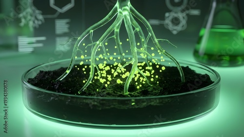 Vibrant green plant roots glowing in a petri dish with soil set against a blurred scientific laboratory background