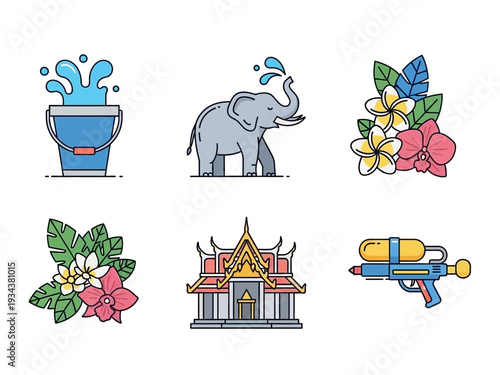 Songkran Festival Elements Set with Elephant Water Bucket Temple and Flowers.