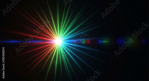 Bright Rainbow Colored Light Burst Effect on Black Background.