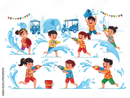 Children joyfully celebrating Songkran festival with water guns.