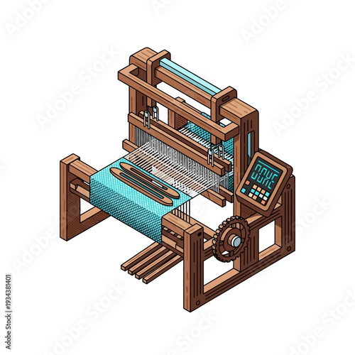Traditional wooden vector loom with digital display and bobbins, crafting fabric, intricate textile production, an illustration of old and new weaving techniques