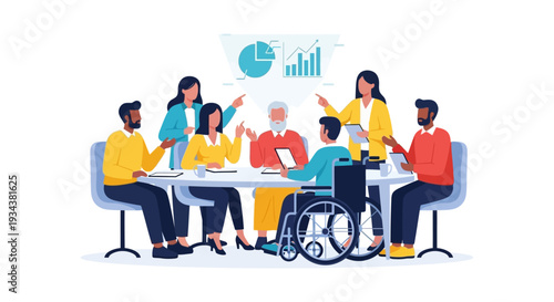 Inclusive Business Team Meeting with Diverse Colleagues Collaborating on Data Analysis and Strategy