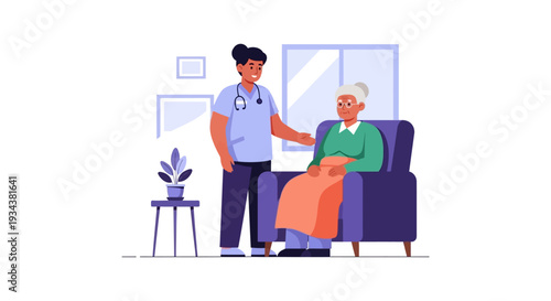 Home Healthcare Nurse Comforting Elderly Woman in Armchair - Senior Care and Assisted Living Support Flat Vector Illustration