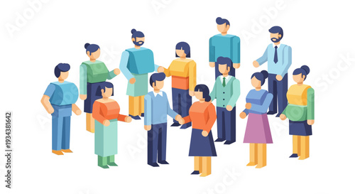 Diverse Business Professionals Group Networking and Collaborating in Flat Isometric Illustration