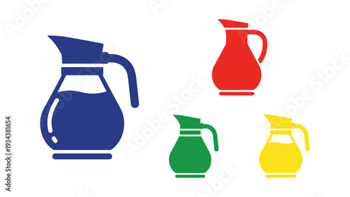 Four colorful pitchers displaying different shapes and sizes