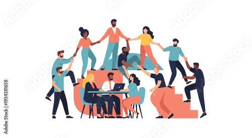 Diverse Team Collaboration & Mutual Support for Business Growth and Success. People Helping Each Other Climb Steps, Working Together.