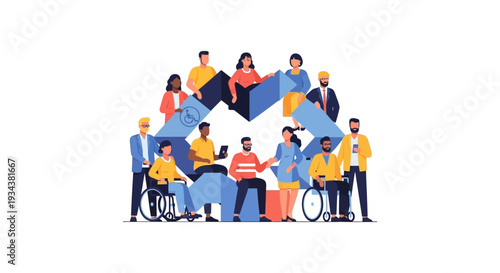 Inclusive Community: Diverse People, Including Wheelchair Users, on Geometric Blocks Symbolizing Unity, Equality & Accessibility.