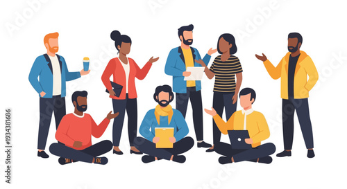 Diverse Team Collaboration and Communication, Group of Professionals Working Together, Discussing Ideas - Flat Vector Illustration