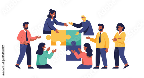 Diverse Team Solving Puzzle Together: Collaboration, Partnership & Unity in Business