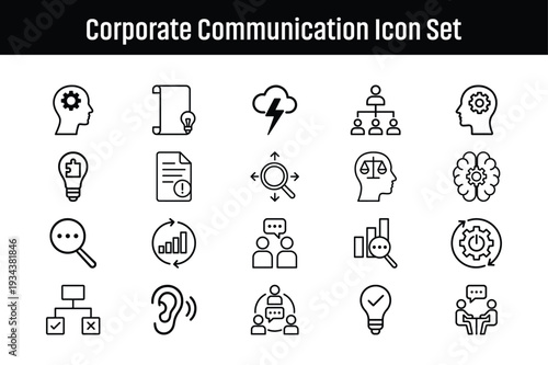Corporate Communication Outline Icon Pack – Business Strategy and Team Collaboration Symbols