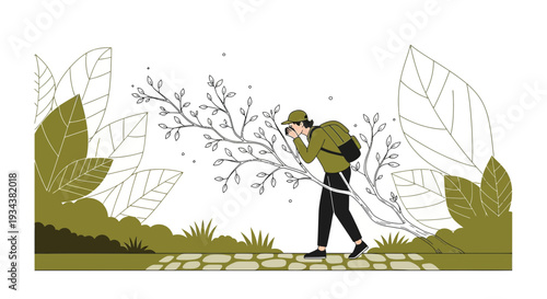 Botanist Observing Tree Branches in Nature Illustration