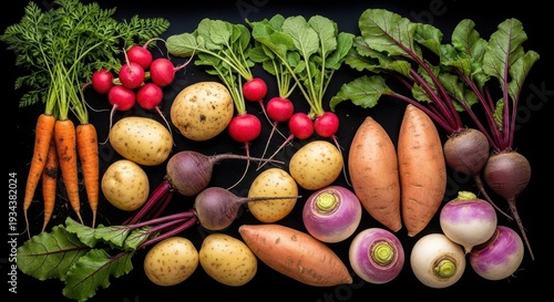 assorted colorful root vegetables and tubers on black