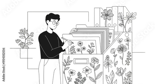 Botanist Organizing Floral Archive with Drawings and Files