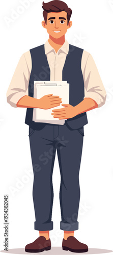 uomo vestito giacca e cravatta con documenti in mano assistente ufficio segretario del lavoro vettoriale 